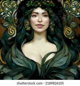 Painting Of Celtic Woman, A Beautiful Woman Ordained With Leaves And Symbols.