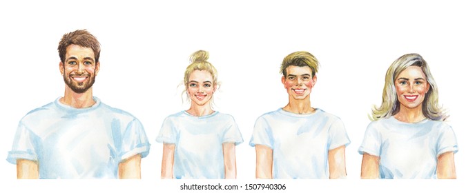 Painting Cheerful Caucasian Man, Woman And Children. Hand Drawn Realistic Family Portrait. Watercolor Illustration On White Background