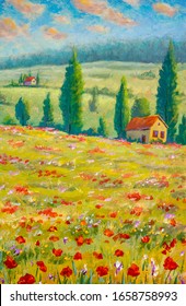 Painting Country Houses On Beautiful Slopes In Meadows. Summer Sunny Positive Landscape Fine Art. Oil Painting On Canvas.