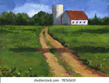 Painting Of Country Lane With Barn