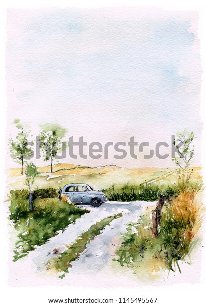 A painting of countryside with a\
blue vintage car. Artwork. Watercolor\
illustration