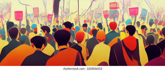 Painting Of Crowds Of Protestors Standing In The Streets With Posters. Digital Art Featuring A Demonstration Movement For Social Change. People Standing Together Against The Aggressors.