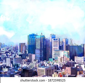 Painting Digital And Sketch With Drawing Color Marker Pen Of Landscape Of Tokyo City Skyline In Aerial View With Skyscraper, Modern Office Building And Blue Sky In Tokyo City, Japan.