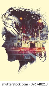 Painting Of Double Exposure Concept With Lady Portrait Silhouette And Couple Walking In Night City