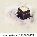 painting. Drawing of the Kaaba prayer in Mecca, back view. A holy place with prayer.