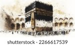painting. Drawing of the Kaaba prayer in Mecca, back view. A holy place with prayer.
