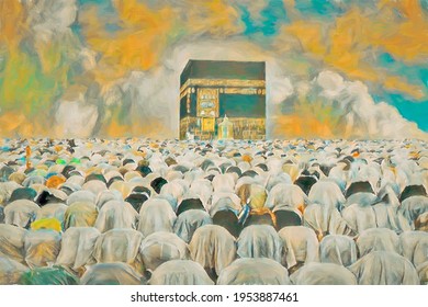 painting. Drawing of the Kaaba prayer in Mecca, back view. Holy place with prayer.