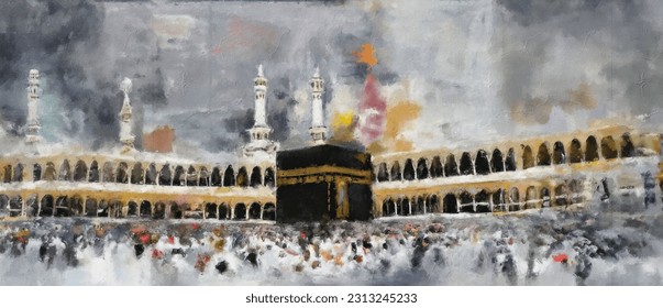 painting. Drawing of the Kaaba prayer in Mecca, back view. A holy place with prayer.
