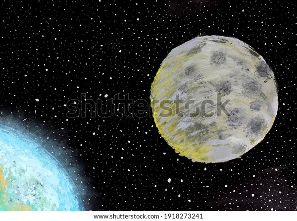 Painting the earth and\
the moon in space. Abstract space with stars and a beautiful earthy\
atmosphere in blue. Illustration of the moon with craters and a\
view of the\
earth.