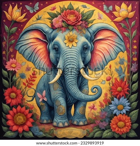 A painting of an elephant surrounded by flowers. Beautiful picture of elephant.