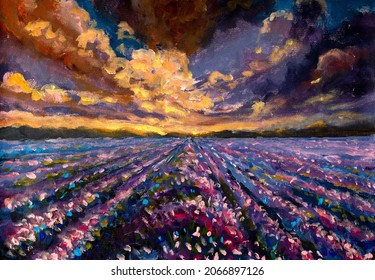 Painting Expressionism French Tuscany Lavender Field At Sunset With Beautiful Clouds