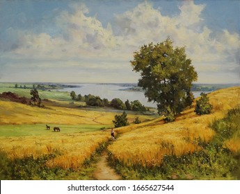поля спелой пшеницы в ясный летний день,oil painting, fain art,handmade painting, rural landscape, tree, river, nature, fine art, landscape, water, 