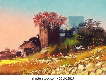 Painting Of Farm House On The Country Side,illustration