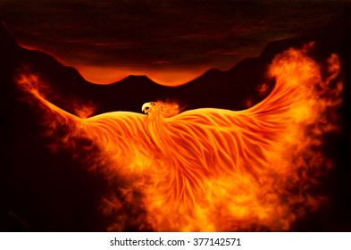 Painting Of The Fire Bird Phoenix From The Ashes