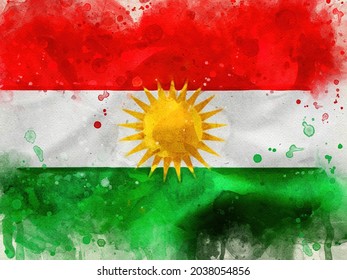 painting . Flag of Kurdistan. Watercolor red white yellow green
