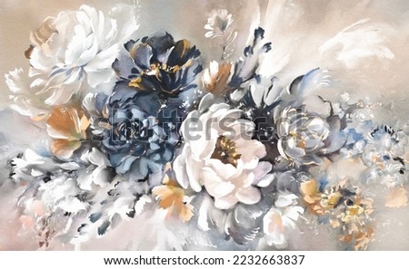 painting with flower rose, peonies, oil leaves. wallpaper Botanic print background on canvas -  floral artwork In Interior, wall art. 