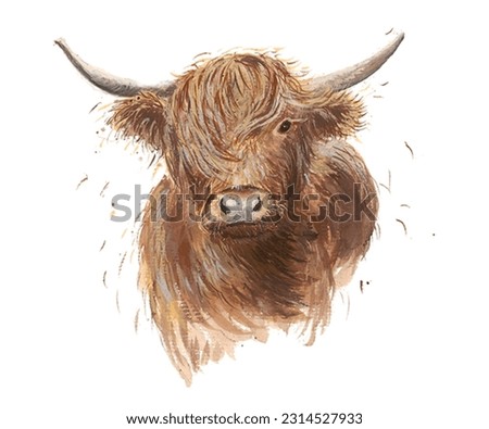 Painting of furry highland cow with horns looking at the camera.