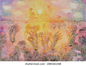 Painting Of Generous Sun God, The Source Of Life, Giving Energy To Asking Trees. Mixed Media Abstract Painting. Sun Is A Source Of Energy For Every Living Thing On Earth