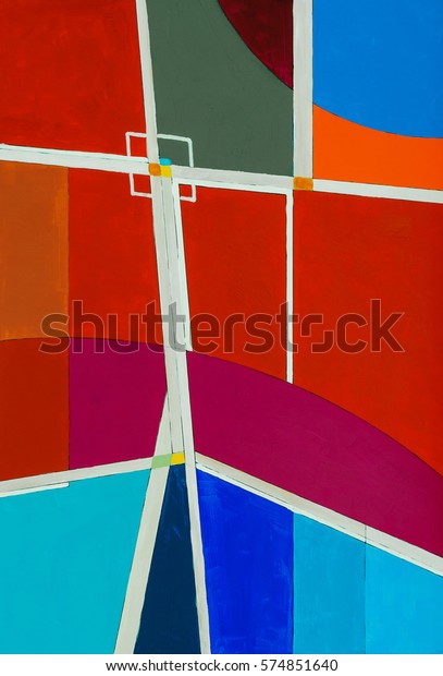 A painting; geometric abstraction with
light strips defining areas of bright
colour.