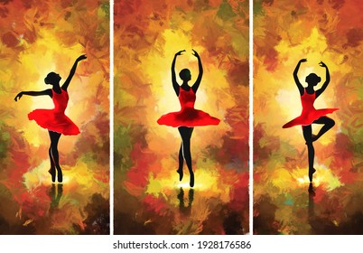 painting  girl ballerina dancing abstract figure. collection of designer oil paintings. Decoration for interior. Contemporary abstract art on canvas. A set of pictures with different texture.