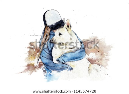 A painting of a girl with big white dog. Artwork. Watercolor illustration