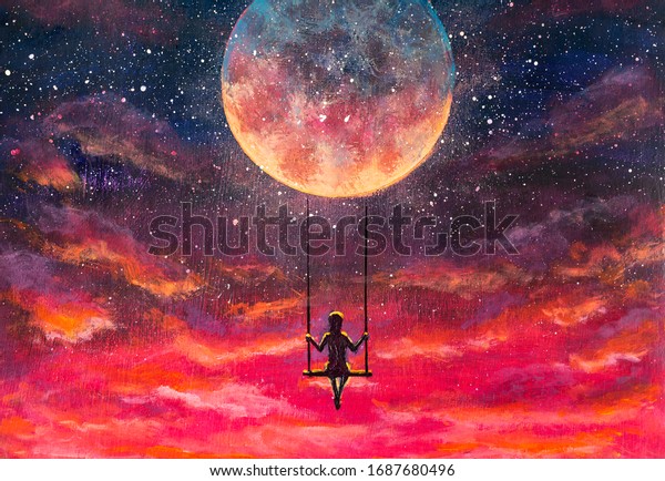 Painting Girl guy\
rides on swing in sky against background of beautiful purple pink\
sunset and starry sky. Romantic fantastic landscape for fairy tales\
or illustration for\
book.