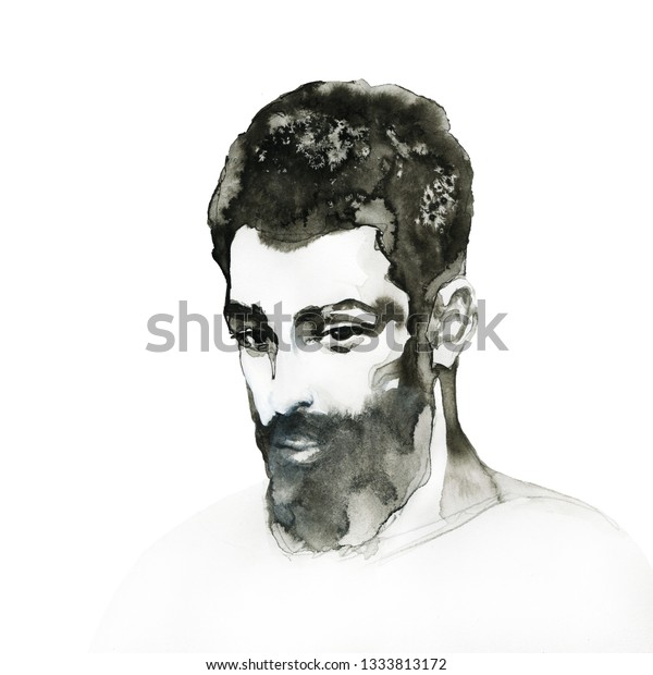 ハンサムな若い男を描く 白い背景に手描きの人物のポートレート 水彩の白黒イラスト のイラスト素材