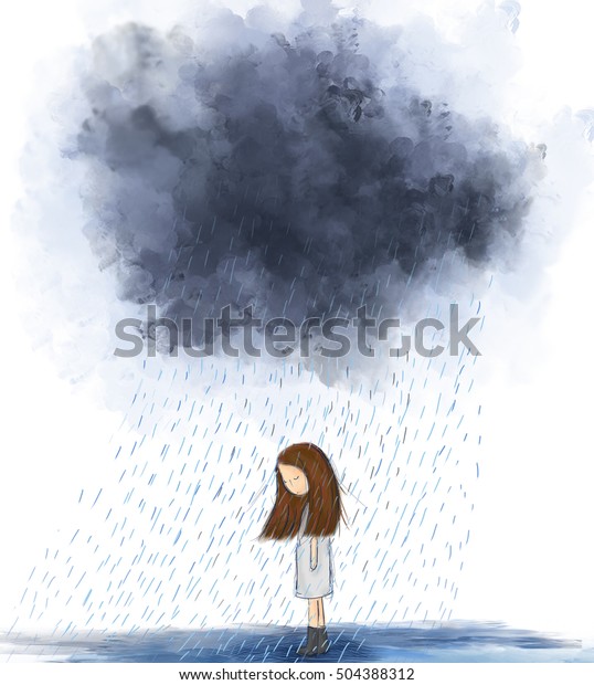 灰色の雨の雲の下に立つ 悲しい女の子の絵 嵐 孤独 独りぼっち 悲しみ 惨め 曇り 気分屋 雨の日という考え方 グラフィックス描画の壁紙 デザイン背景テンプレート のイラスト素材