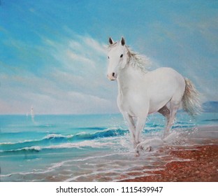 Painting a horse running on the waves. White horse on the beach.
