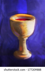 Painting Illustration Of A Communion Chalice With Christogram (chi-ro) Engraved On Cup. Bright Colors And Bold Brushstrokes With Textured Canvas Evident.