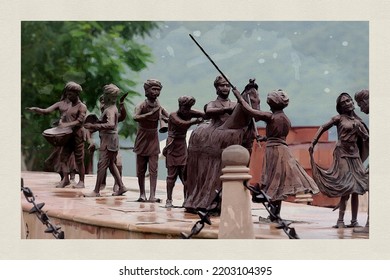 Painting Inspiration Jal Mahal Statues Of People Showing Culture And Welcoming The Royal Family With Open Arms. Jaipur, Rajasthan, India.