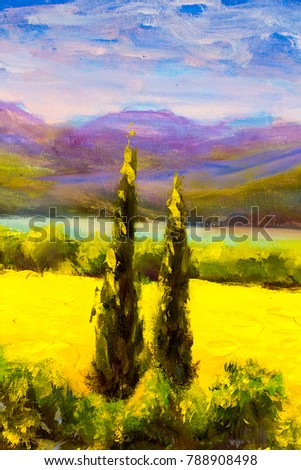 Painting Italian tuscany cypresses landscape field mountains bushes vertically