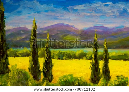 Painting Italian tuscany cypresses landscape field mountains bushes horizontally art