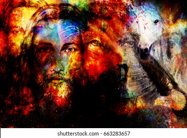 Painting Of Jesus With Animals In Cosimc Space, Eye Contact And Lion Profile Portrait.