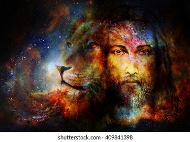 Painting Of Jesus With A Lion In Cosimc Space, Eye Contact And Lion Profile Portrait