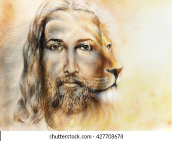 painting of Jesus with a lion, on beautiful colorful background, eye contact and lion profile portrait