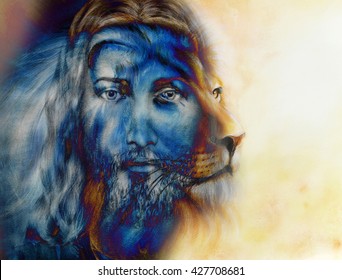 Painting Of Jesus With A Lion, On Beautiful Colorful Background, Eye Contact And Lion Profile Portrait