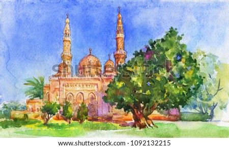 Painting Jumeirah Mosque, Dubai, Arab Emirates. Hand drawn muslim architecture. Watercolor arabian illustration 
