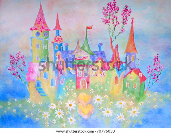 Painting for kids room - original oil on canvas of "Childhood dream city".