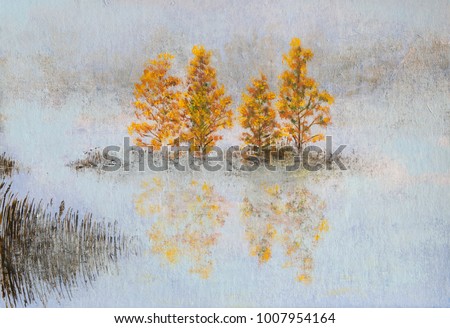 Painting landscape Lake in autumn