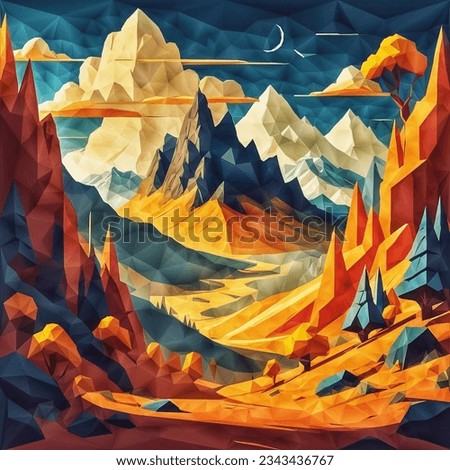A painting of a landscape with mountains and trees, animation illustrative style.