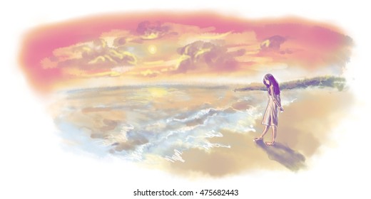 A Painting of A lonely young woman who was walking on the beach in the evening. - Powered by Shutterstock