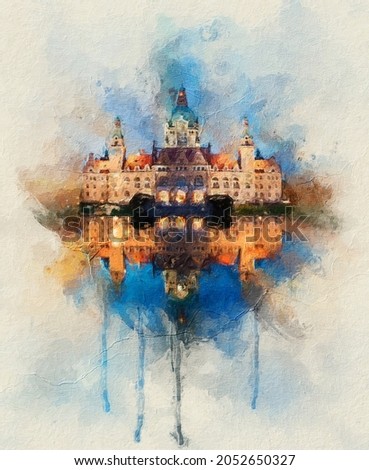 painting . Magnificent panorama of the Rathaus in Hannover, Germany
