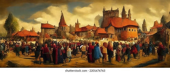 Painting Of A Medieval Feudal Township, Crowds Gathered In The Town's Centre, Peasants In The Middle Ages, Olden Canvas Art, Concept Art Painting