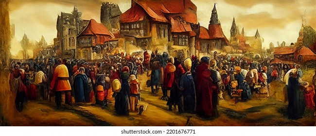 Painting Of A Medieval Feudal Township, Crowds Gathered In The Town's Centre, Peasants In The Middle Ages, Olden Canvas Art, Concept Art Painting