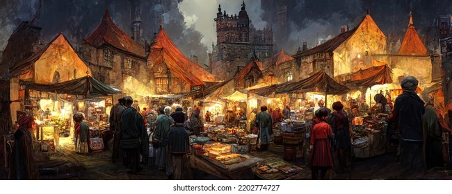 Painting Of A Medieval Feudal Township At Night, Crowds Gathered In The Town's Centre, Peasants In The Middle Ages, Olden Canvas Art, Concept Art Painting, Historic Artwork