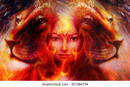 painting mighty lion head, and mystic woman face with bird phoenix tattoo on face, ornament background. computer collage and planet earth in fire , profile portrait