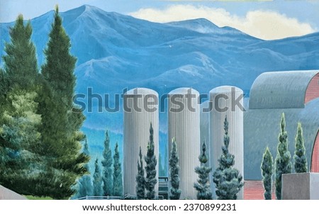 Painting of milk dairy farm factory with green lawn and mountain at the background. mural painting illustration on wall