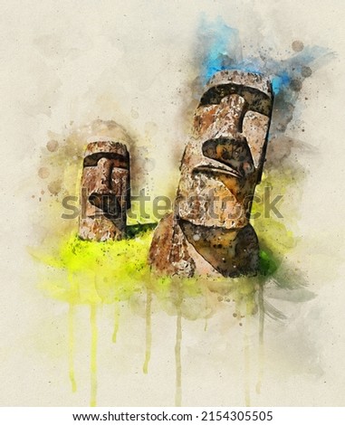 painting . Moai statues in Rapa Nui National Park (Easter Island)