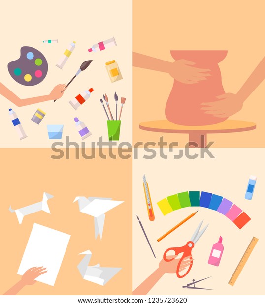 Painting modeling origami scrapbooking posters set with\
paper figures, paints with brushes, process of making pot from clay\
and cutting 